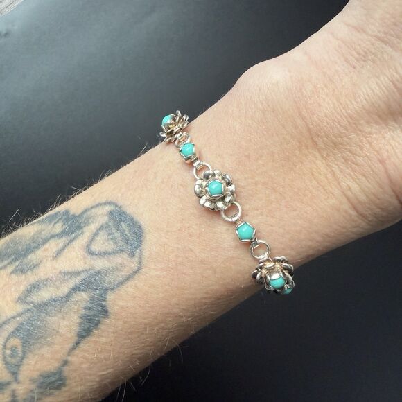 VINTAGE 50s TAXCO MEXICO STERLING SILVER TURQUOISE BLOSSOM FLOWER BRACELET 6.5” - Picture 10 of 16